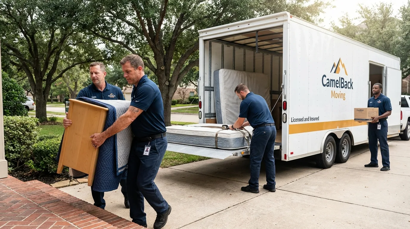 Crew loading residential truck for cross-state move from Roanoke Rapids, NC