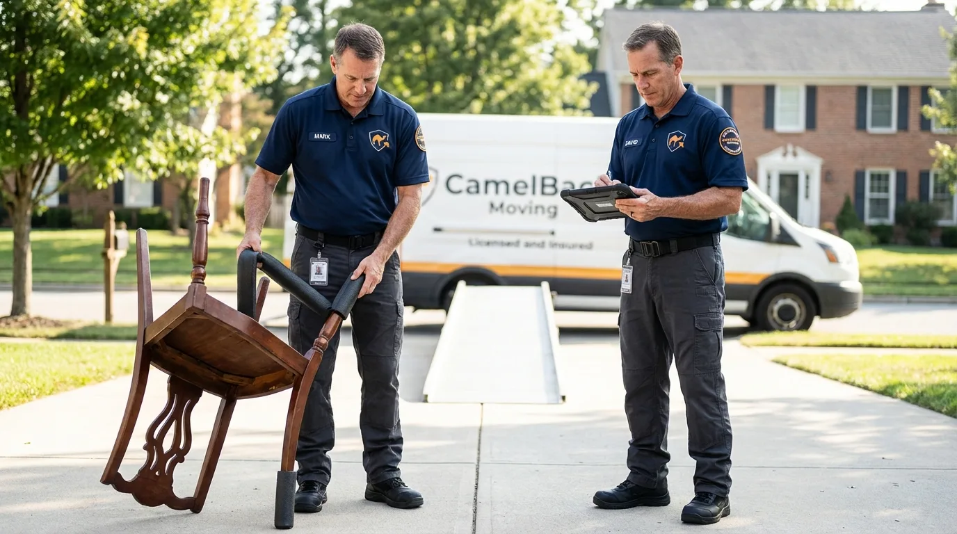 Movers inspecting furniture for damage prevention before loading in Roanoke Rapids, NC