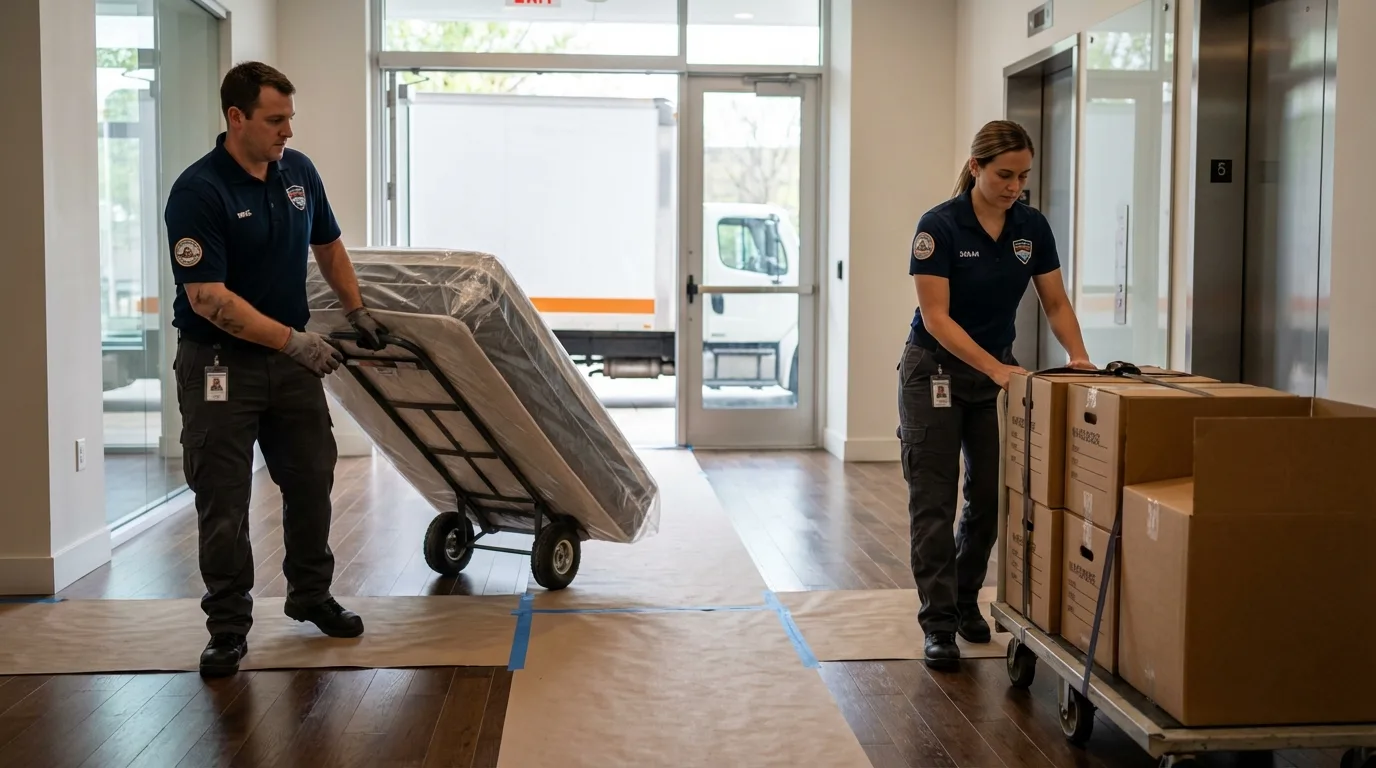 Professional apartment movers loading elevator in Roanoke Rapids, NC
