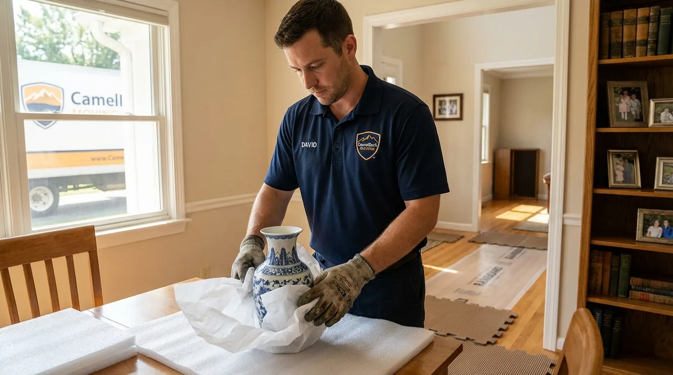 Professional crew carefully wrapping antique vase for senior downsizing move in Roanoke Rapids, NC